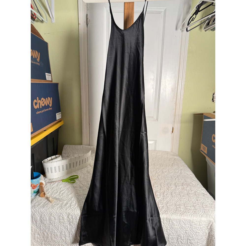 The Drop Womens Black Satin Midi Slip Dress Adjustable Straps Size S NWT